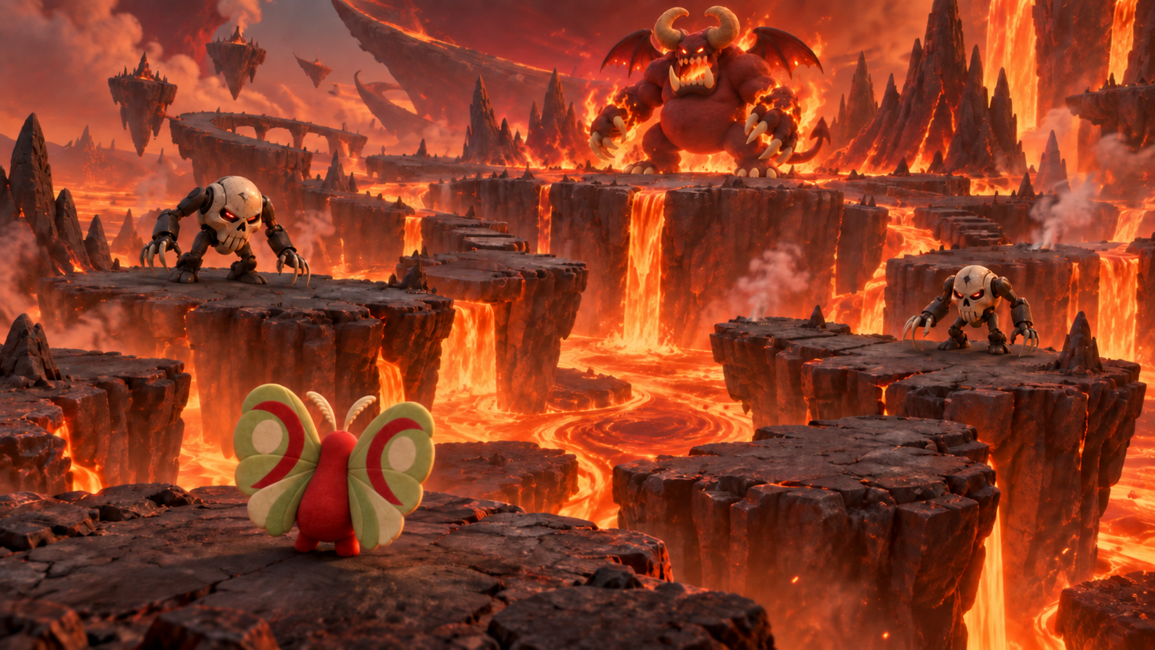 The moth in hell, facing the devil across lava and basalt islands.
